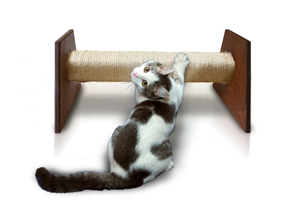 Cat Scratching Horizontal Post Natural Sisal Rope Stained Wood Kitty Claw Scratcher Bar for Indoor Kitty Healthy Paws Handmade in USA