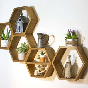 Hexagon Wood Floating Shelves 5.5 Inch Depth Honeycomb Wooden Wall shelf Handmade & Stained in USA Modern Farmhouse Home Decor Display Shelf