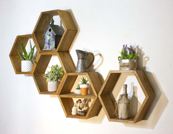 Hexagon Wood Floating Shelves 5.5 Inch Depth Honeycomb Wooden Wall shelf Handmade & Stained in USA Modern Farmhouse Home Decor Display Shelf