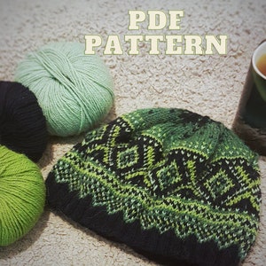 Puede incluir: Un gorro de punto negro y verde con un patrón geométrico. El gorro está sobre una superficie blanca y peluda con dos ovillos de lana, uno verde y uno negro.