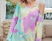 Tie Dye Off Shoulder Cold Shoulder Loose Fit Women Top Sweatshirt Clearance, On Sale