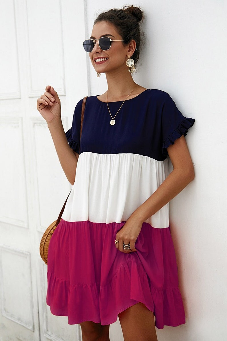 Women Round Neck Short Sleeve Color Block Ruffle Loose Fit - Etsy