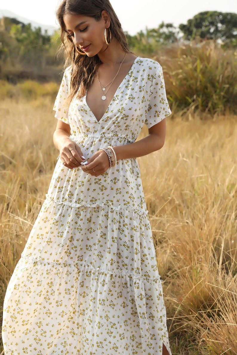 Deep V Boho Floral Ruffle High Cut Midi Dress Party Dress - Etsy