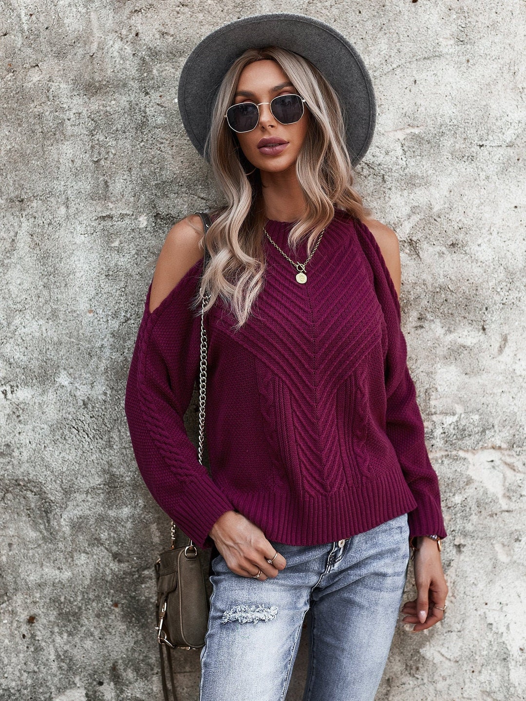 Cold Shoulder Solid Knit Long Sleeve Crew Neck Women Sweater - Etsy