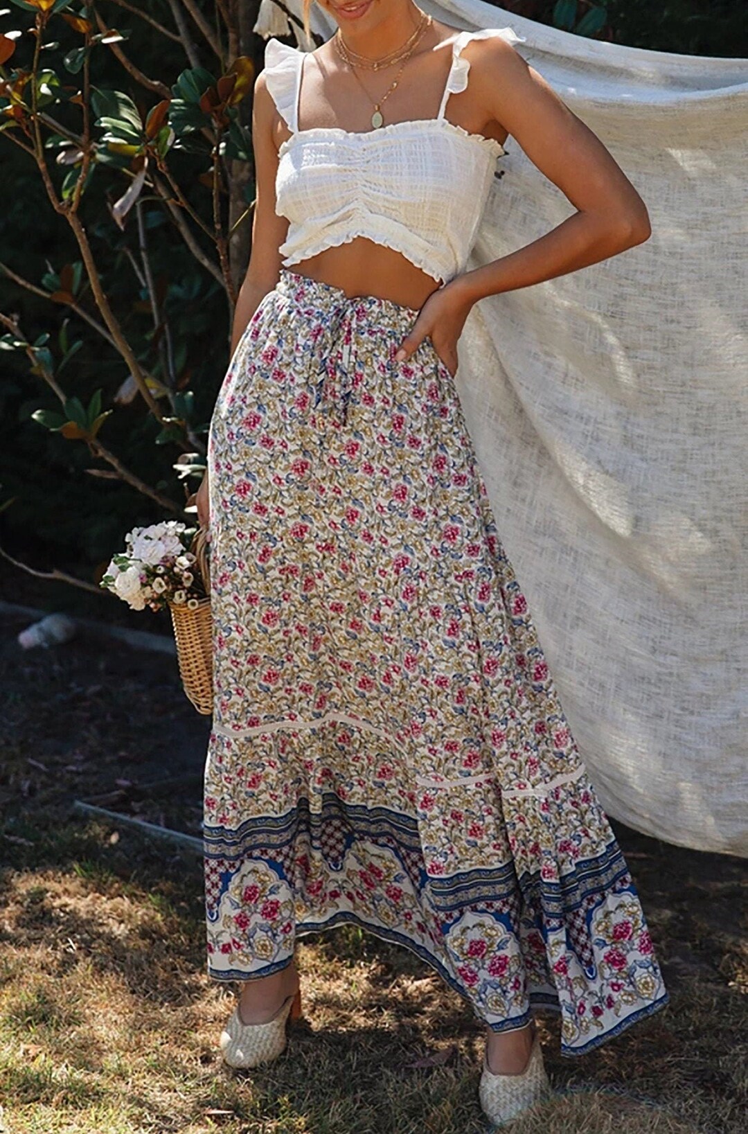 Boho Floral A-line Ruffled Maxi Smocked Tiered Women Skirts - Etsy