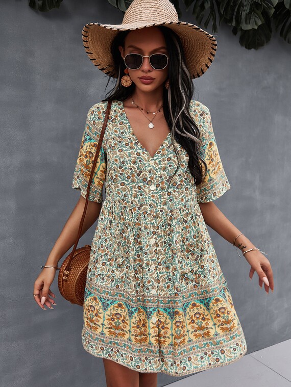 Boho Hippie Floral V Neck Loose Fit ...