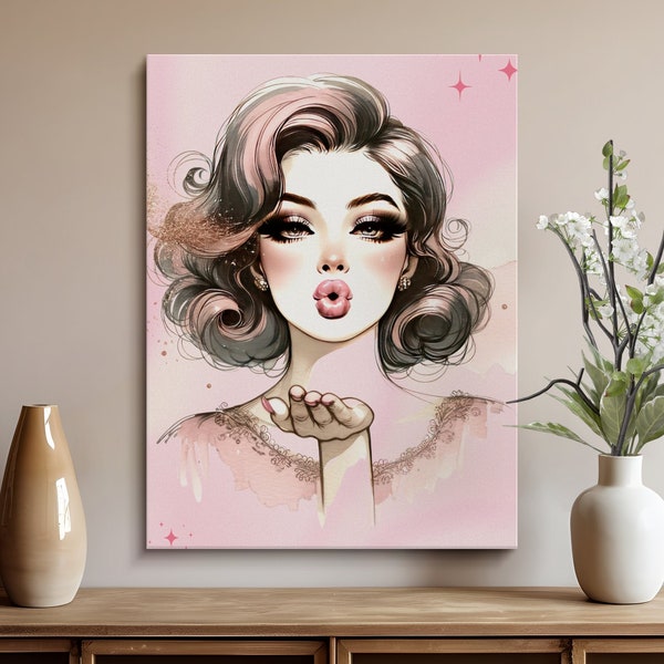 Vintage Style Fashion Illustration, Pink Glam Wall Art, Kiss Blow Woman Poster, Chic Bedroom Decor, Unique Beauty Artwork, Gift Idea