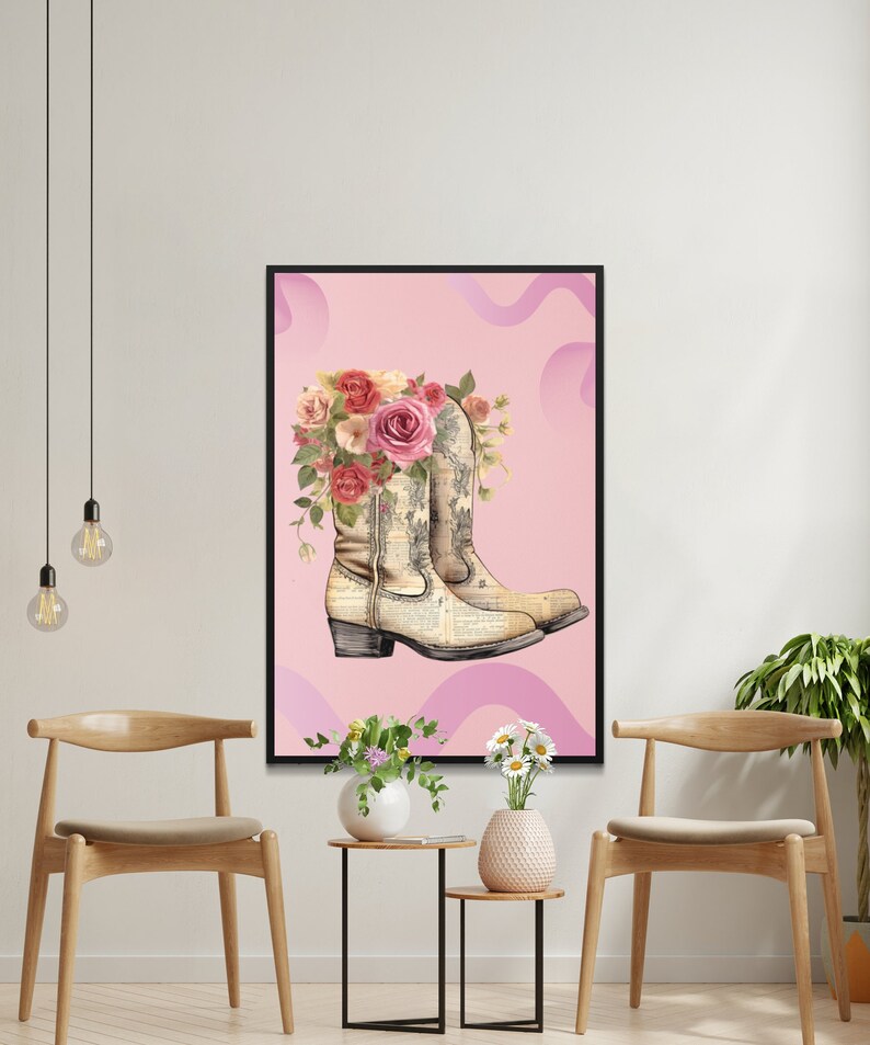 Floral Cowboy Boots Wall Art, Vintage Boot Print With Flowers, Shabby