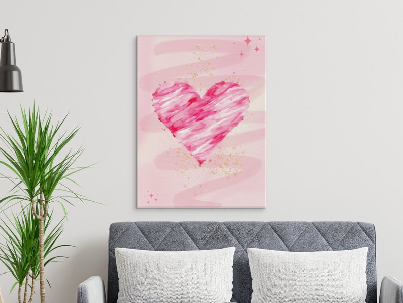 Abstract Pink Heart Canvas Print, Modern Romantic Wall Art, Gold