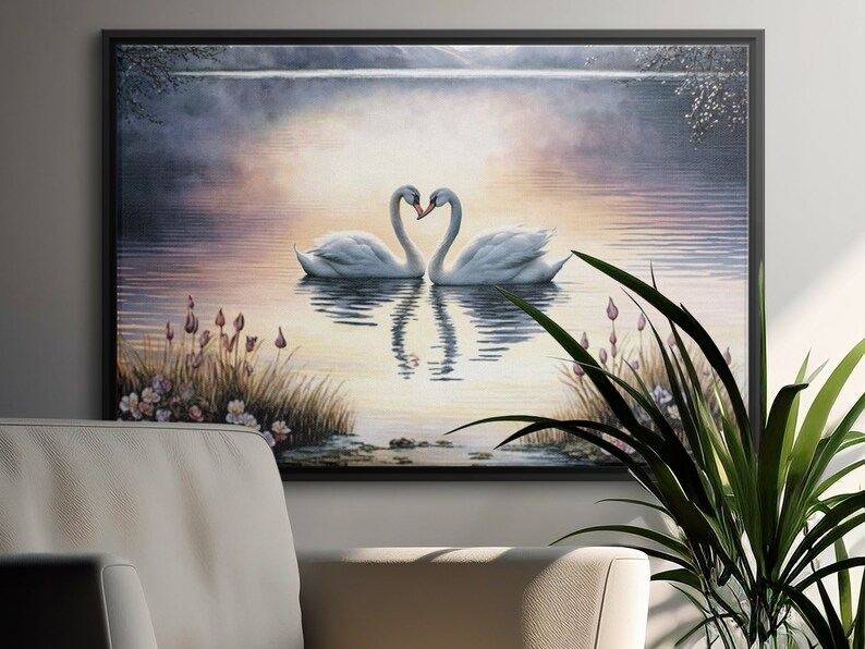 Coquette Swan Print, Romantic Swan Lake Sunset Canvas, Elegant Water ...