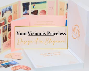 May include: A pink and white vision board kit with the text "Your Vision is Priceless Design it in Elegance" and the logo "MVB" in a circle. The kit includes a vision board, cards, and stickers.