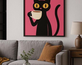 Póster de gato negro con café: arte mural de estilo retro vintage, impresión divertida para amantes de los gatos, decoración para cafeterías y cocinas.