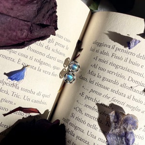 Può includere: Un paio di orecchini d'argento con pietre blu iridescenti. Gli orecchini sono su una pagina di un libro con testo in italiano.