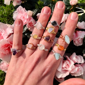 Wire wrapped rings amazonite carnelian blue lace agate snowflake obsidian moonstone crystals stones crystal healing stainless copper wire