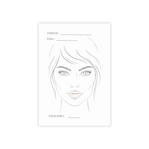 May include: A white card with a line drawing of a woman's face. The drawing includes the eyes, lips, and hair. The card has the words "Patient:" "Date:" and "Total units:" with lines for writing.