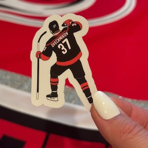 May include: A white sticker with a cartoon illustration of a hockey player wearing a black and red jersey with the number 37 and the name "Svechnikov" on the back. The player is holding a hockey stick and is in a skating pose.