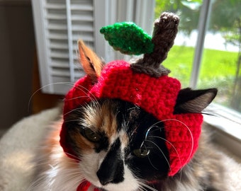 Crochet Red Apple Cat Hat - Handmade Pet Costume