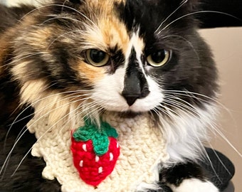 Crochet Strawberry Cat Bandana, Pet Costume Accessory