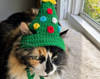 Crochet Christmas Tree Cat Hat, Festive Holiday Costume