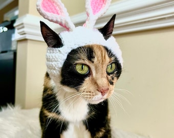 Crochet Bunny Cat Hat - Handmade Pet Costume