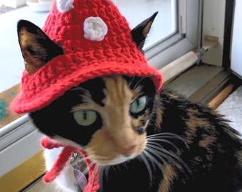 Crocheted Red Mushroom Wizard Cat Hat