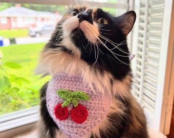 Crochet Cherry Cat Bandana, Handmade Pet Accessory