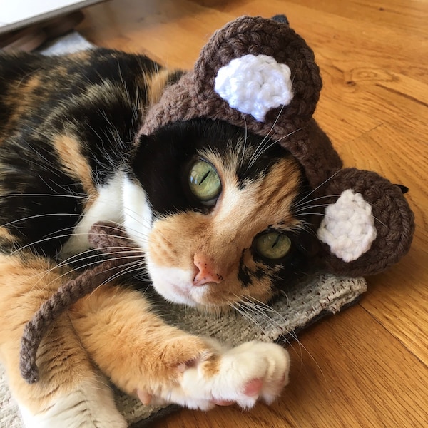 Gorro de ganchillo para gato con forma de osito de peluche - Disfraz marrón hecho a mano para mascotas