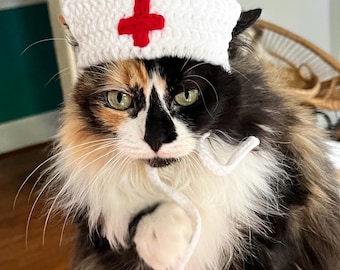 Crochet Nurse Cat Hat - Cute Pet Costume