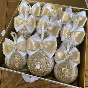 Luxury velvet white and gold Christmas baubles