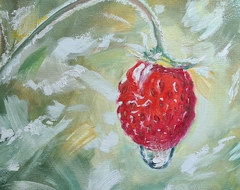 Strawberry Oil Painting, Kitchen Wall Art, Framed Still Life