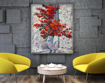 Pintura al óleo de buganvillas, escena callejera griega, flores rojas en un jarrón