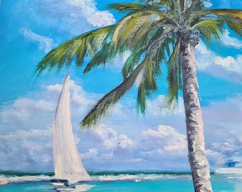 Pintura al óleo original: paisaje marino, océano turquesa, palmera, yate, arte mural costero.
