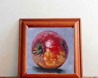 Pintura al óleo de manzana roja sobre lienzo (9x12 pulgadas)