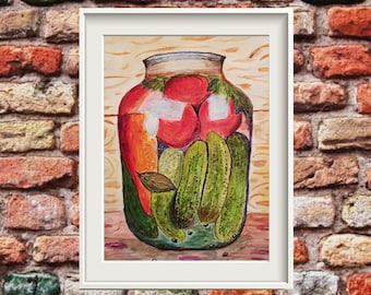 Pintura original en acuarela de verduras, decoración para la pared de la cocina.