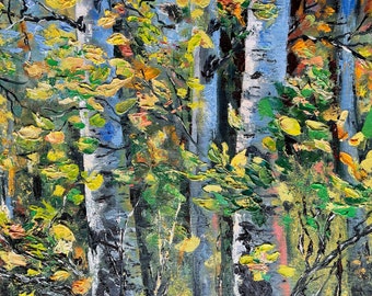 Pintura de bosque de abedules, paisaje al óleo original (12x16)
