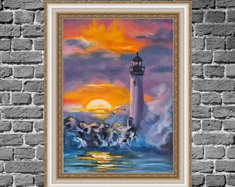 Pintura del faro de Walton, paisaje marino del puerto de Santa Cruz, obra de arte original.