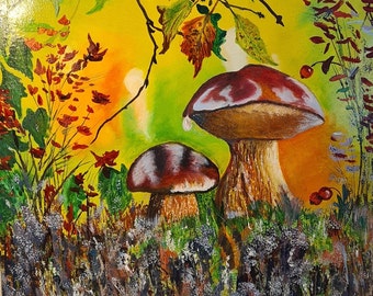 Pintura al óleo de setas, Arte en lienzo de bosque, Paisaje original 20x20