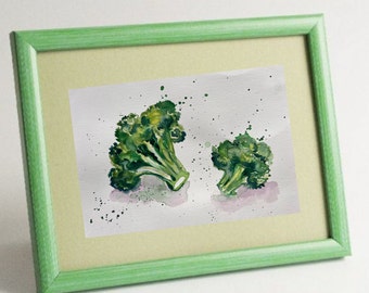 Pintura de acuarela de brócoli, arte mural de cocina de verduras
