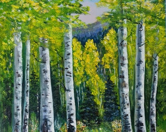 Cuadro de bosque de abedules, obra de arte paisajística original al óleo (40,6 x 58,4 cm)