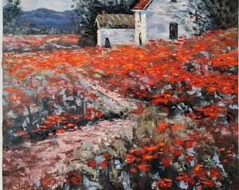 Pintura al óleo de un campo de amapolas en la Toscana, paisaje italiano (20 x 20 pulgadas)