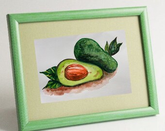 Acuarela original de aguacate, arte mural para la cocina (6 x 8 pulgadas)