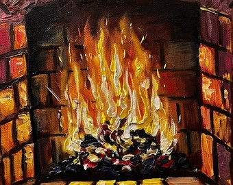 Pequeño cuadro al óleo de chimenea navideña, arte navideño para repisa