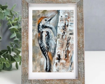 Pintura al óleo original de un pájaro carpintero en un abedul / Obra de arte realista de aves silvestres