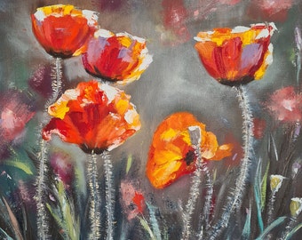 Pintura de amapolas de California, pintura al óleo de paisaje floral con técnica impasto.