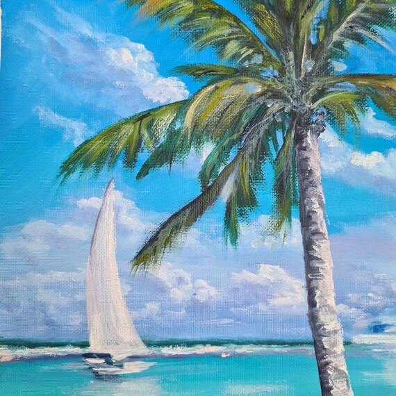Hawaii Painting Seascape Original Art Palm Tree Painting Hawaii beach Wall Art Tropical Beach oil painting by Interalmaz
