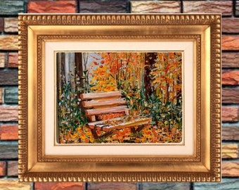 Pintura al óleo original: Escena de un banco en un bosque otoñal, 12x16