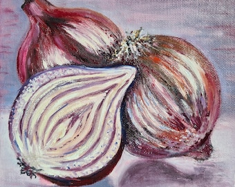 Bodegón de cebolla roja, pintura original de alimentos, arte para la pared de la cocina.