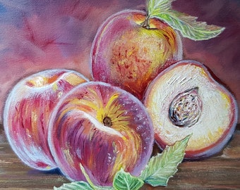 Cuadro de melocotón, bodegón original al óleo con frutas (23 x 30 cm)