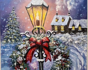 Pintura al óleo de corona navideña, escena de pueblo invernal, arte mural navideño
