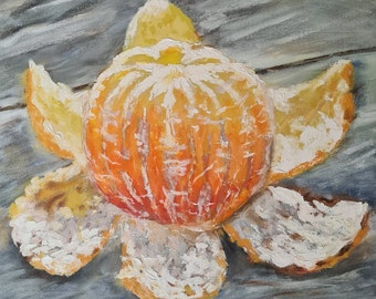 Pintura al óleo de mandarina, bodegón de naranja pelada, decoración de pared para cocina (15 x 12 pulgadas)